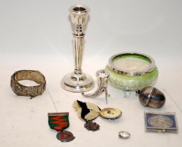 Collectables to include a silver candlestick, medals a pepperette in the form of a cornucopia and