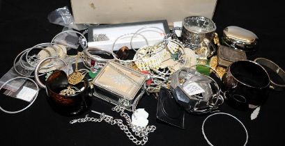 A box of costume jewellery and curios to include a sterling silver Albert chain.