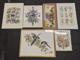 Collection of tapestry fabric pictures in frames (6).