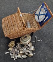 A vintage Optima picnic hamper set together with a collection of silver plated flatware.