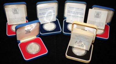 A collection of 6 Sterling silver 1oz Crown coins. All in presentation cases, 5 with certificates.