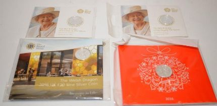 Royal Mint fine silver £20 coins x 4. 2 x 2016 Queen's 90th Birthday, 2016 Welsh Dragon and 2016