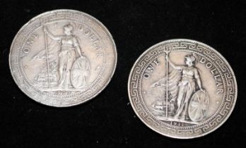 2 x silver Hong Kong One Dollar Trade Tokens dated 1903 and 1911. !903 coin has signs of having been