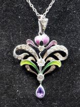 Edwardian Suffragette silver and enamel pendant with paste stones and amethyst drop on silver