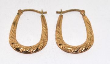 9ct gold drop hoop embossed earrings
