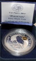 Perth Mint 1997 1oz fine silver Kookaburra coin with Phoenix privy mark. Boxed with certificate