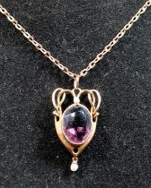 Art Nouveau 9ct rose fold pearl and amethyst pendant on a rose gold chain with barrel fastener and