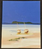 Paul Mcintyre: Local artist acrylic on canvas painting "Poole, Brownsea Island and Boats" 61x77cm.