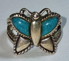 A 925 silver and turquoise butterfly ring Size N