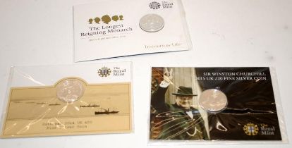 Royal Mint fine silver £20 coins x 3. 2014 Outbreak of WWI, 2015 Longest Monarch and 2015 Winston