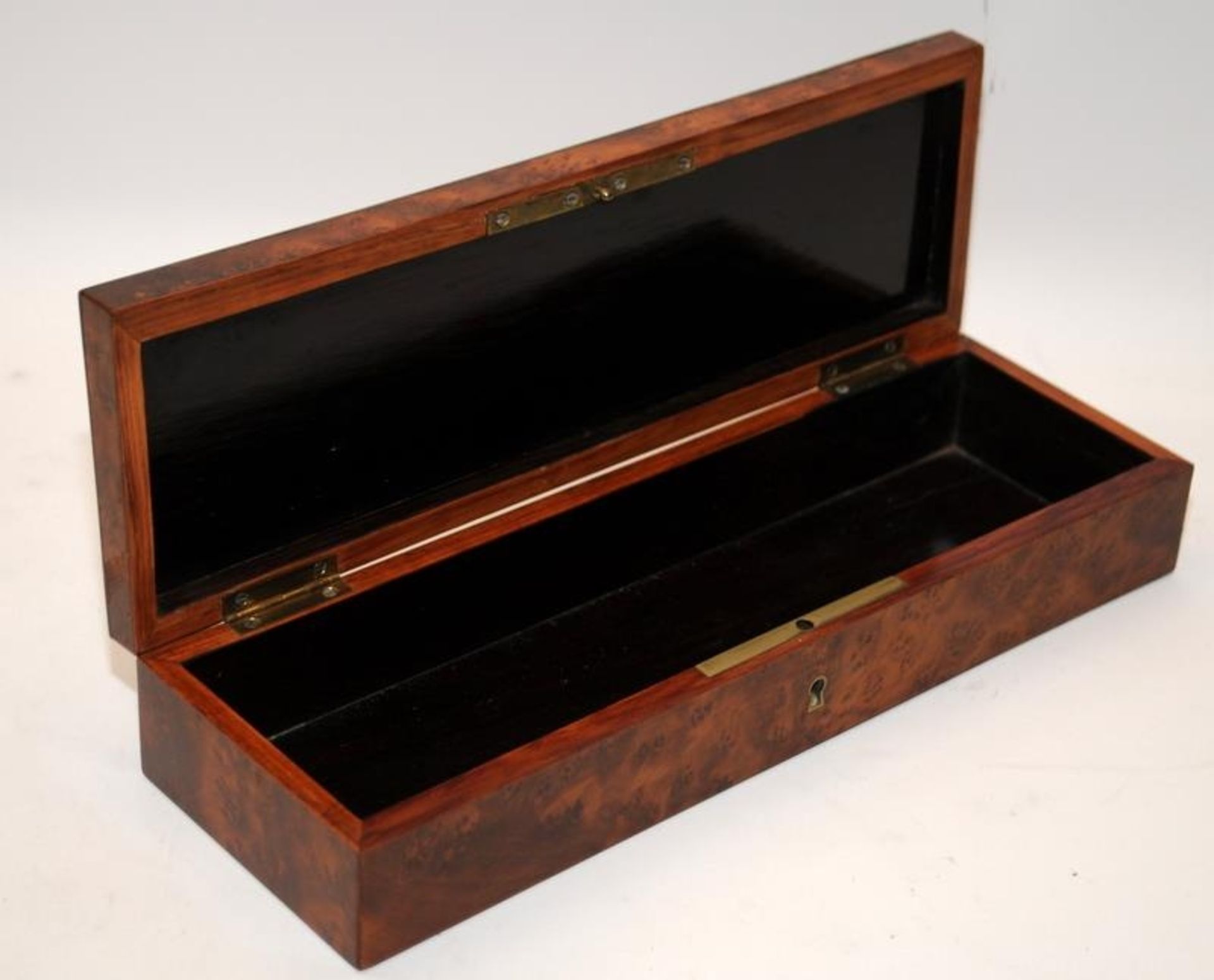 Antique French Walnut Veneer glove box with brass banding and inlaid brass cartouche. 29cms across - Image 2 of 4