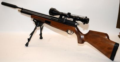 Air Arms S410 Classic .22 air rifle with walnut stock. Complete with front rest, Hawke scope, fill