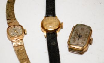 Three gold cocktail watches to include 18ct gold Creation, 9ct gold art deco tank watch and a Rotary