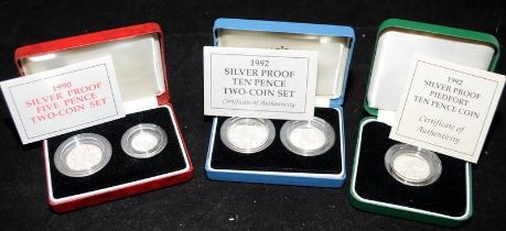 Silver proof coin sets: 1992 piedfort Ten Pence, 1990 Five Pence two coin set and 1992 Ten Pence Two