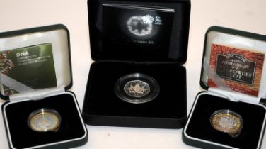 Royal Mint silver proof coins: 2015 Fifty Pence c/w 2003 and 2005 Two Pounds Coins. All boxed with