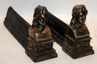 Pair of cast iron fire dogs depicting a Victorian lady bust 20x40x10cm