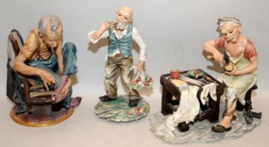 3 x large Capodimonte figures including Cobbler and man darning sock. Tallest at 27cms