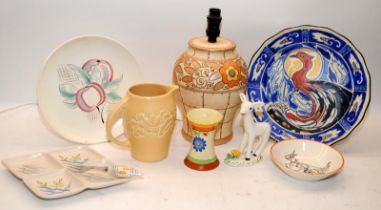 A collection of vintage ceramics to include a Charlotte Rhead Bursley Ware lamp base, Suzie