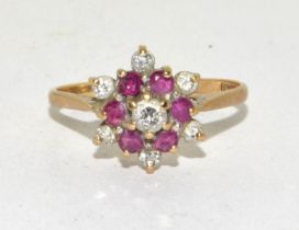 9ct gold ladies Diamond and Ruby cluster ring size M