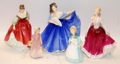 5 x Royal Doulton Figurines: HN2791 Elaine, HN2832 Fair Lady (Red), HN2694 Fiona, HN2207 Stayed at