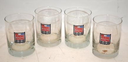 Set of four Penske Racing glass tumblers produced in the late 1980's. Indycar/Indianapolis 500