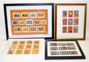 A collection of vintage matchbox covers. Presented as four framed and glazed pictures