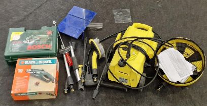 Karcher K2.36 pressure washer with attachments together with other tools.