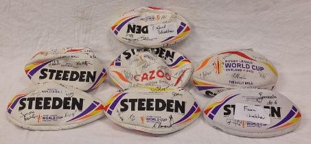 A collection of Steeden official replica Rugby World Cup 2021 balls, all with team signatures