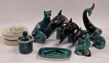 Poole Pottery group of blue glazed animals to include Dolphins and otters together with some