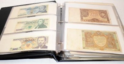 An album of world banknotes sorted alphabetically: Poland to Zimbabwe