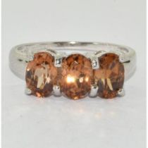 9ct white gold ladies 3 stone Amber ring size N