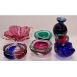 A collection of Murano glass Geodes and bubble glass together with a multi coloured vase.