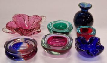 A collection of Murano glass Geodes and bubble glass together with a multi coloured vase.