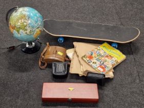 Miscellaneous collectables to include stamps, binoculars, globe, skateboard etc.