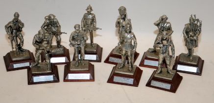 Collection of Pewter soldier figures on wooden plinths by English Miniatures. 10 in lot