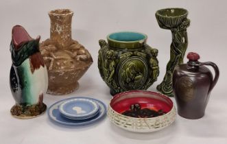 Collection of pottery items to include a Majolica gurgle fish jug and a Poole Pottery carved delphis