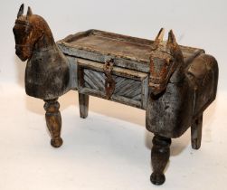 Antique Anglo-Indian carved wood horse treasure/cigar box, 29cms tall