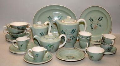 Vintage Poole Pottery part tea service in the JY leaping deer pattern, green colourway. 30 pieces in