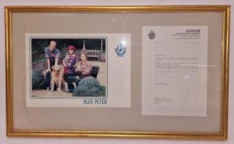 Blue Peter 1986 framed signed photograph (Janet Ellis, Peter Duncan and Simon Groom) and letter (