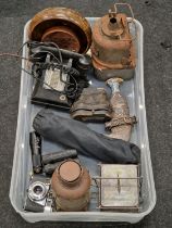 Tray of miscellaneous collectables to include vintage phone, binoculars, decorative knives etc.