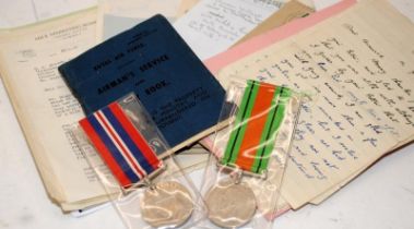 WWII 1939-45 and Defence medals c/w a quantity of related ephemera. The recipient was injured when a