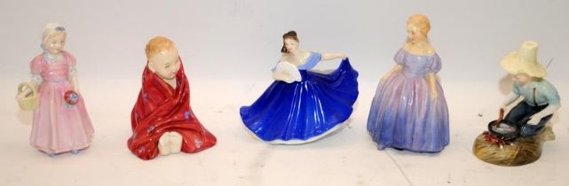 5 x Small Royal Doulton Figurines: HN1677 Tinkle Bell, HN3214 Elaine, Marie, HN1793 This Little