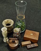 Mixed lot to include large glass vase, wooden box and items of brassware.