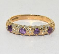 Diamond amethyst antique 9ct gold ring Size L