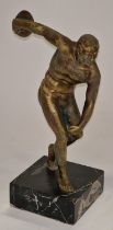 Vintage bronze discus thrower on black marble plinth 22cm tall.