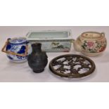 A collection of oriental vintage pottery and bronze to include a bronze teapot stand, a bronze vase,