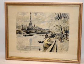 Framed water colour of a Parisienne river scene signed to bottom left hand corner Herbelot. 48x37cm