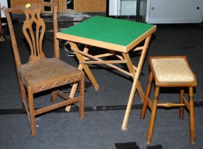 A vintage carved wood dining chair together with a folding baize card table and a stool (3).