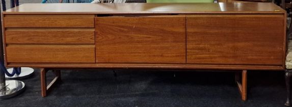 Mid 20th century White & Newton teak long sideboard 70x21745cm. Note damage to middle door pull.