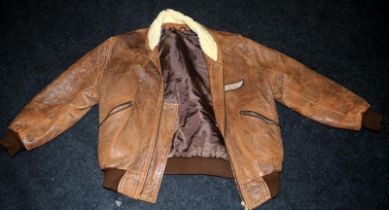 Trekway Collection of London real leather aviator style tan jacket with 'fur' lined collar and